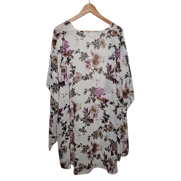 Emory Park Womens 3XL Sheer Kimono Ivory w/Floral Pattern Fairy Flowy Boho Slits - Picture 2 of 8